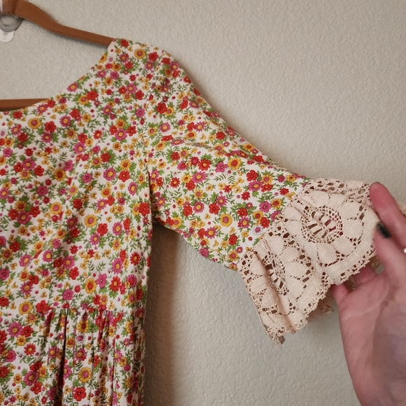 GARY JAY x VINTAGE 60's micro floral cottagecore midi‎ dress ruffle lace sleeve - Picture 11 of 11
